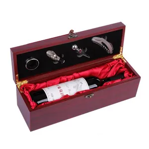 Perfect Hout Enkele Wijn Decoratieve Carrier Doos En 4 Stuks Wijn Accessoires Kit Gift Box Set En Rode Houten Wijn box Verpakking