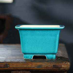Maceta de Cerámica Esmaltada para Bonsái, Cuadrada, Rectangular, Verde con Efecto Craquelado, para Escritorio - Product Image 2