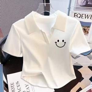 T-shirt côtelé en coton d'été élégant col en V pour femmes mignon à manches courtes pour col <span class=keywords><strong>polo</strong></span> haut épaules régulières polyvalent décontracté Sty - Product Image 5