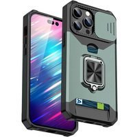 Étui de téléphone portable en TPU PC antichoc, coque arrière, protection de l'objectif coulissant, béquille, porte-cartes inclus pour iPhone 15 Pro Max 16 Plus