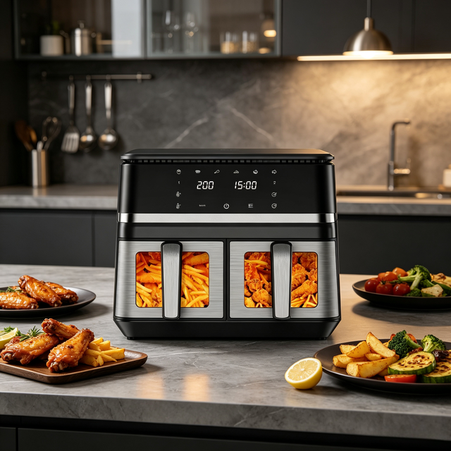 2000W High Power 10L Dual Basket Commercial Air Fryer Oven Transparent Window Smart Air Fryer Oil-free
