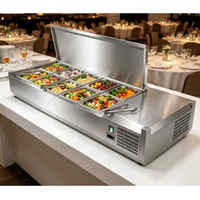 Table de préparation réfrigérée commerciale en acier inoxydable pour pizzas, salades de fruits et présentation de produits de charcuterie avec deux zones de température