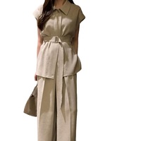 Ensemble 2 pièces chic et décontracté : chemise à manches courtes en lin et pantalon large taille haute, personnalisable avec style ou logo sur mesure (ODM)