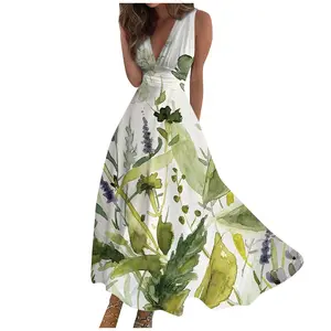 Vestido feminino estampado floral estilo férias com decote em V profundo sem mangas vestidos casuais sexy primavera verão