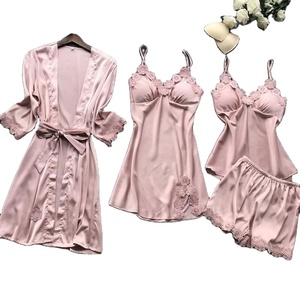4 Pcs Ice Silk Pajama Set With Pad Nightgown Cardigan Short Set <b>Lace</b> Sexy Pyjama for Women - Product Image 1