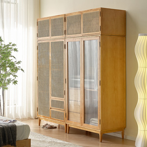 Armadio in Legno Stile Giapponese Dreamhause Nordico in Legno Massello e Rattan a 2 Ante Guardaroba per la Casa Grande Mobile Contenitore - Product Image 4