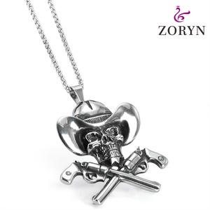 Collares con Colgante de Calavera Vaquera de Acero Inoxidable, Collares de Moda con Doble Pistola, Estilo Punk Gótico Vintage, de Acero de Titanio para Hombre - Product Image 3
