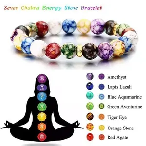 Blues OEM seven chakra beads jewelry wholesale natural stones spiritual healing chakra bracelets with Black Lava energy Stone