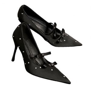 Zapatos de Tacón Alto para Mujer, Elegantes, Estilo Francés, con Lazo, Punta Cuadrada, Negros, con Pedrería, de Una Sola Capa, Tacón de 7-10 cm, de Goma - Product Image 5