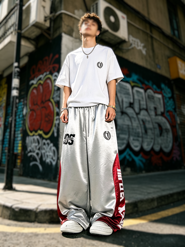 Men's Shiny Satin Baggy Wide-Leg Streetwear Pants (Y2K)