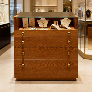 <span class=keywords><strong>Vitrine</strong></span> à bijoux élégante en <span class=keywords><strong>bois</strong></span> de style mid-century avec poignées dorées, <span class=keywords><strong>vitrine</strong></span> en verre plat de qualité supérieure pour magasin de bijoux haut de gamme - Product Image 1