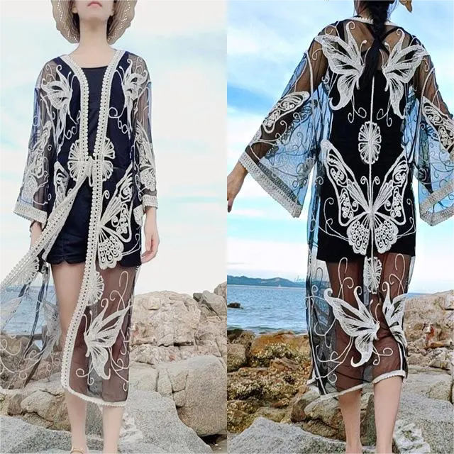 Factory Embroidered Lace Beach Cover Up Women Kimono with sleeve Lace Cardigan Beachwear