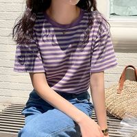 Camiseta verde a rayas para mujer, verano de manga corta, novedad de 2023, Camiseta holgada de cuello redondo que combina con todo, ropa Superior de Media manga