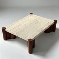Table basse moderne en travertin blanc personnalisable avec pieds en bois massif, meubles de luxe en pierre naturelle pour salon, villa, hôtel, maison