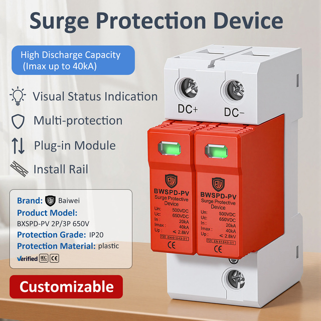 Baiwei CE SPD DC 500V 40kA 2P T2 Solar Lightning Protection Surge Protector for PV Systems