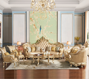 Divano Combinato in Pelle e Legno Massello Intagliato di Lusso Europeo Color Champagne, Arredamento per Soggiorno in Stile Francese - Product Image 1