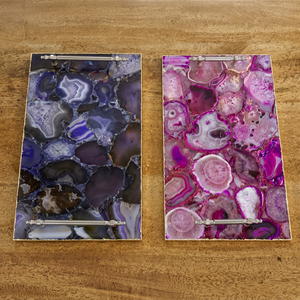 Plateau en agate marbrée fait main, plateau de service décoratif en pierre avec poignées métalliques à bord doré pour la décoration de la maison, table basse et salle à manger - Product Image 1