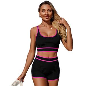 Maillot de bain deux pièces pour femmes, couleur unie, col rond, ensemble haut court pour la natation, les sports nautiques, vêtements de plage - Product Image 5
