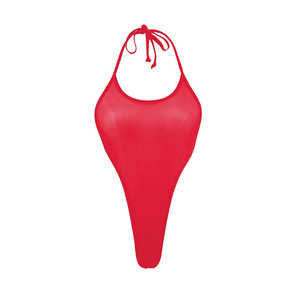 Traje de baño de una pieza para mujer, rojo, de cintura alta, transparente y elástico, para la playa - Product Image 1