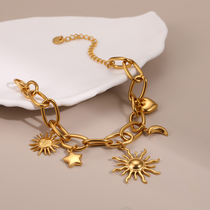 <b>Cross</b>-border new vintage <b>gold</b> high-end moon heart sun pendant <b>chain</b> stainless steel hand accessory bracelet wholesale - Product Image 4