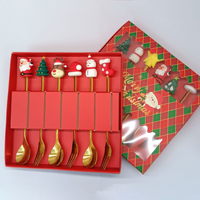 Set Peralatan Makan Natal Sekali Pakai dari Baja Tahan Karat, Sendok Pengaduk Kopi & Garpu Buah Motif Boneka Kreatif Warna Emas, Kotak Hadiah