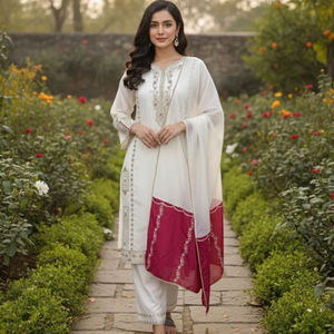 Ensemble haut, palazzo et dupatta JimmyChoo blanc et rouge, style traditionnel de créateur, pour tenue de soirée, séchage rapide, prix de gros - Product Image 1