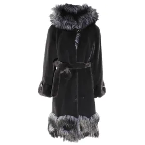 2022 New Style Women Faux Teddy Fur Coat custom manufacture with Grey Faux Raccoon Fur Hood Edge and Bottom Edge Plus Size Coat