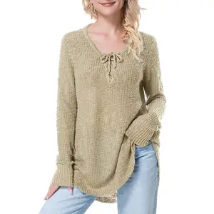 Women's Summer Crochet Tops Long Sleeve V Neck Hollow Out Pullover Shirts Knitted Sweater Cover Up