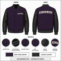 Veste universitaire violette personnalisée, fabricant OEM ODM, corps en laine melton, manches en cuir noir, patch logo chenille, vente en gros