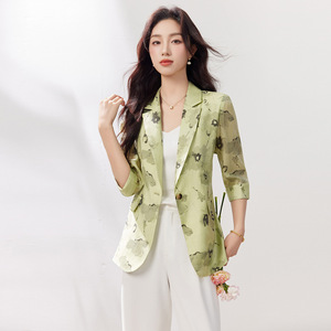 Women's Printed Three Quarter Sleeve Lightweight Blazer Slim Fit Breathable Summer Suit Top - Product Image 1