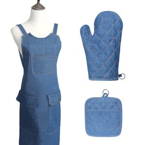 Set di grembiule da cucina per Chef di alta qualità nuovo stile personalizzato jeans grembiule guanti da forno presina Set per cucinare - Product Image 1