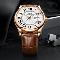 Montre automatique pour homme Top I&W, cadran blanc, chiffres romains, boîtier en or rose, affichage du jour et de la date, montre mécanique de style business