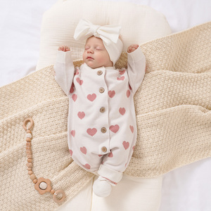 Mimixiong Bebek Örgü Kalp Desenli Tulum Bandana Ayakkabı 3 Parça <span class=keywords><strong>Set</strong></span> Yenidoğan Bebek Yumuşak Örgü Kıyafet Bebek Kız Giyim Seti - Product Image 6