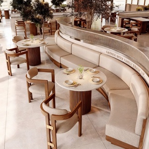 ชุดโต๊ะและเก้าอี้รับประทานอาหารสำหรับร้านอาหารเชิงพาณิชย์ โครงไม้เนื้อแข็ง ฐานลายร่อง เก้าอี้หุ้มผ้าบุคล วัสดุสไตล์วบิซาบิ เฟอร์นิเจอร์ร้านกาแฟ - Product Image 4
