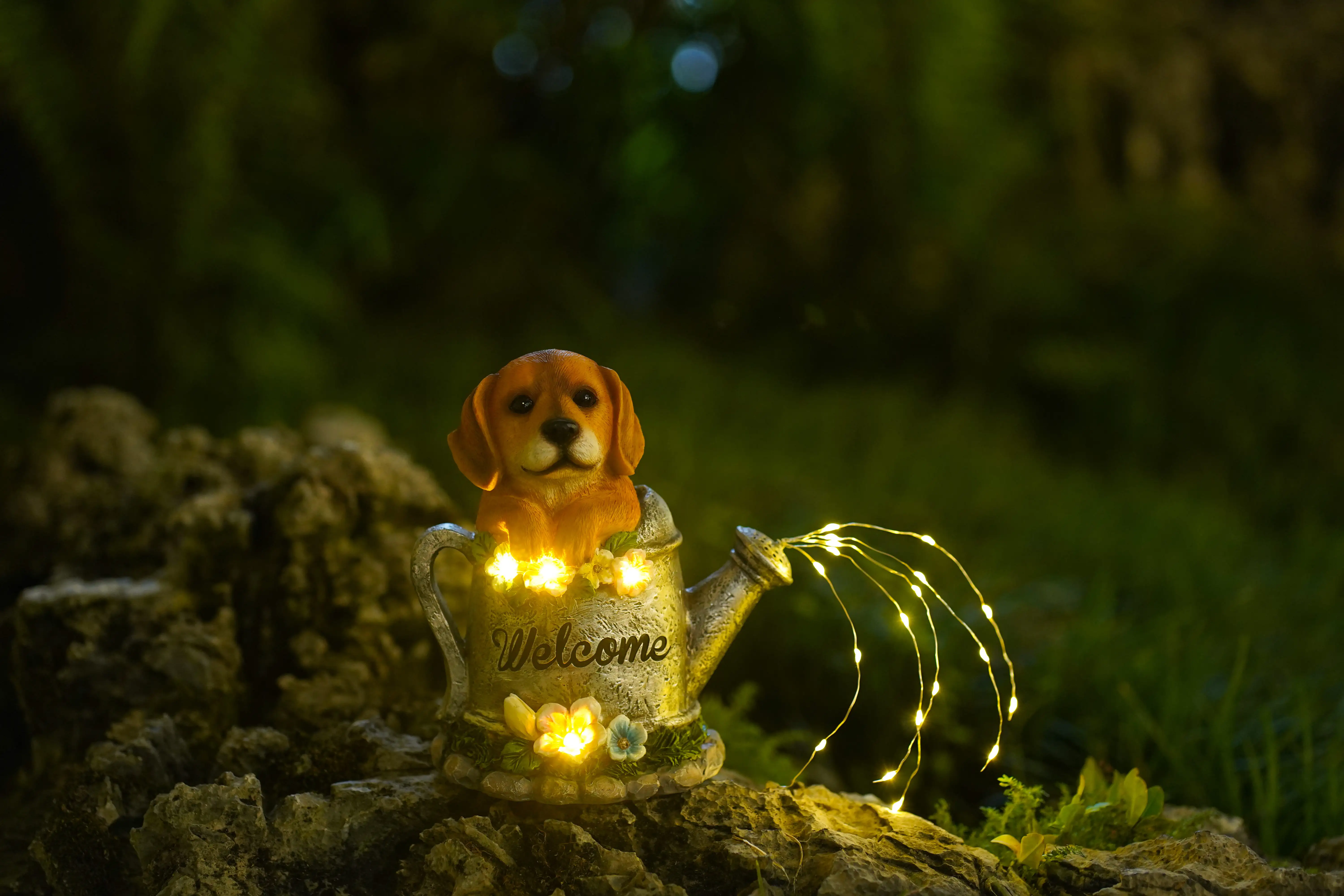 דגמי שרף אורות שמש פסל פסל בית כלב חמוד דשא קישוט גן קישוט שרף אמנות