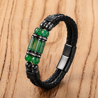 Bracelet en cuir tressé à double couche pour homme, orné de perles de pierre, avec fermoir magnétique en acier inoxydable, fait main