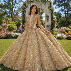 Dy1562 Luxury Champagne Gold Quinceanera Dress Beaded Sequin <b>Glitter</b> Chiffon <b>Ball</b> Gown Natural 3D Floral Applique Party - Product Image 1