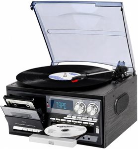Tocadiscos de Madera, Gramófono Moderno, Fonógrafo, Reproductor de Casetes, CD/BT, Radio FM, Tocadiscos con Funciones Todo en Uno - Product Image 1