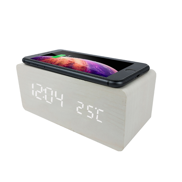 Modern Multifunction Desk Table Square LED Digital Sound Control Clock Wooden Alarm Clock Wireless Charging for Iphone Samsung