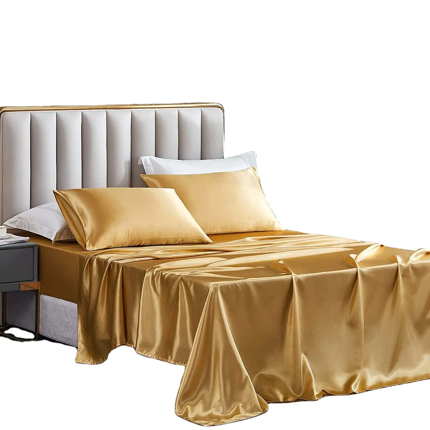 Altın rengi yapay ipek saten nevresim takımı yumuşak ipeksi Polyester kraliçe yatak çarşafı seti lüks Polyester nevresim