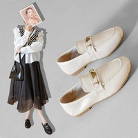 Mocassins en peau de mouton pleine fleur pour femmes, chaussures plates à enfiler, en cuir véritable, avec boucle en métal, bout rond, CN 35-40