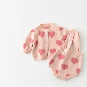 Autumn And Winter 2022 New Korean Baby Girl's Love Jacquard Coat + 2-piece Sweater Straps Romper Soft And Comfortable