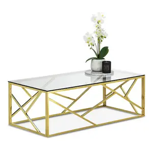 Luxury modern design mirrored gold chromed metal square glass coffee table gold for living room