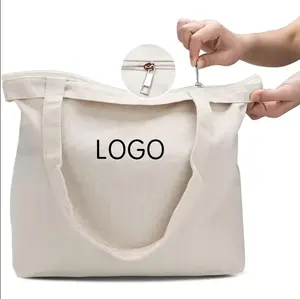 पुनर्नवीनीकरण कैनवास कॉटन टोट बैग शॉपिंग कैनवास शॉपिंग किराने का सामान पिकनिक जिम लोगो जिपर के साथ कस्टम टोट बैग के लिए हॉट सेल बैग
