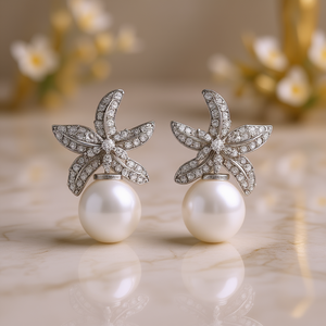 Orecchini a Perno con Fiore Mikimoto in Argento 925 Placcato Rodio con Perla Akoya Bianca AAA, Gioielli di Lusso da Donna per Matrimonio - Product Image 2