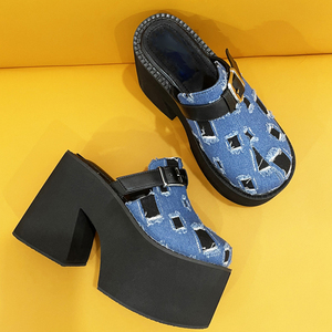 Sandalias de Plataforma Alta de Mezclilla con Patchwork para Mujer, con Tacón de Cuña Grueso, Punta Redonda y Hebillas de Cinturón, Estilo Chancla para Exteriores - Product Image 5