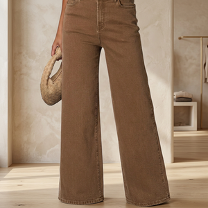 Jean en denim marron taille haute à jambe large pour femme, coupe droite, style décontracté, automne-hiver, en coton délavé, couleur unie - Product Image 2