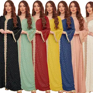 7色高品质绉纱长袖刺绣穆斯林妇女Eid Remandan abaya kaftan地板长度连衣裙