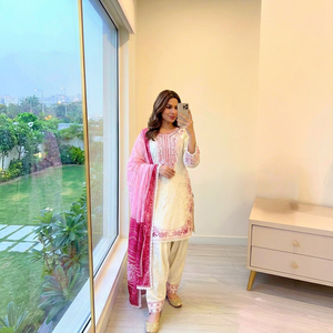 <b>Women</b> Gujarati Cotton Traditional Salwar Kameez Set Cream Pink Embroidered <b>Kurta</b> Palazzo Dupatta In-Stock - Product Image 1