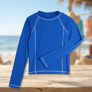 Rashguard bleu premium à manches longues avec surpiqûres contrastées blanches, coupe compressive, séchage rapide, protection UV, pour la natation, le surf, le MMA et les sports nautiques - Product Image 3